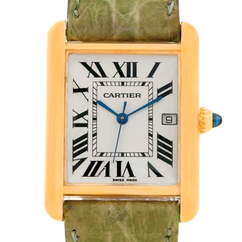 The image shows the front view of a Cartier Tank Louis W1529756 Men's Yellow Gold Silver Dial W1529756 Men's Yellow Gold Silver Dial model watch, displaying its rectangular face, Roman numerals, and leather strap.