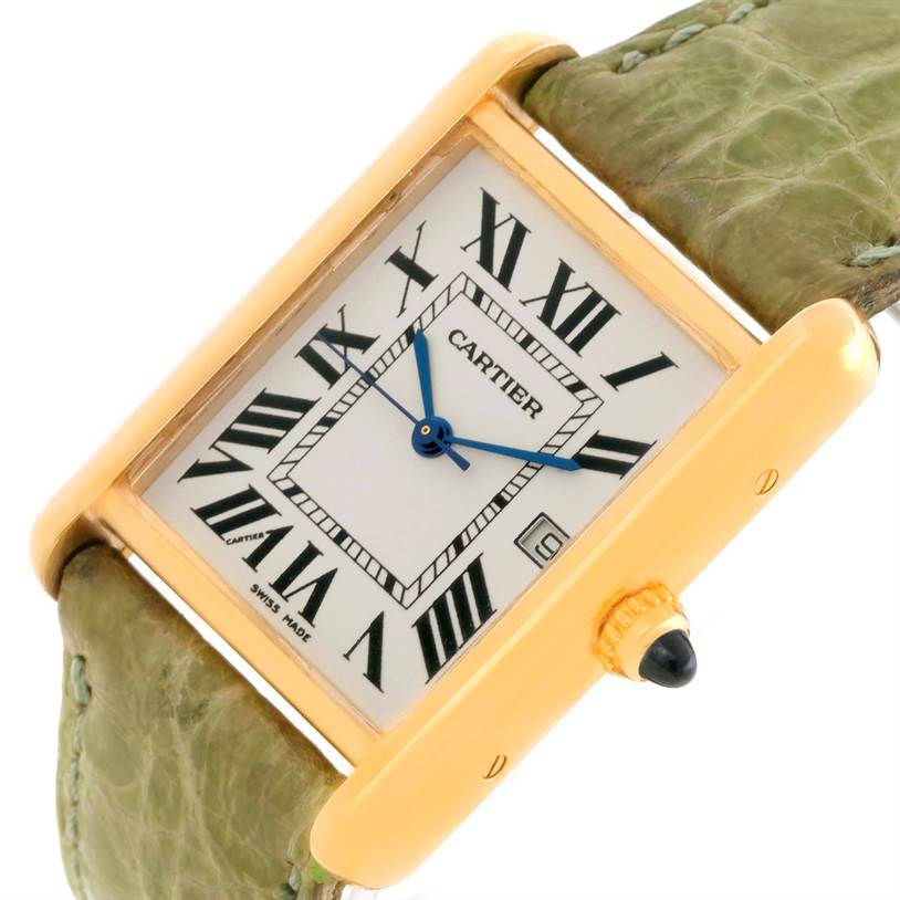The image shows a close-up of the face and bezel of a Cartier Tank Louis W1529756 Men's Yellow Gold Silver Dial W1529756 Men's Yellow Gold Silver Dial watch at a slight diagonal angle.