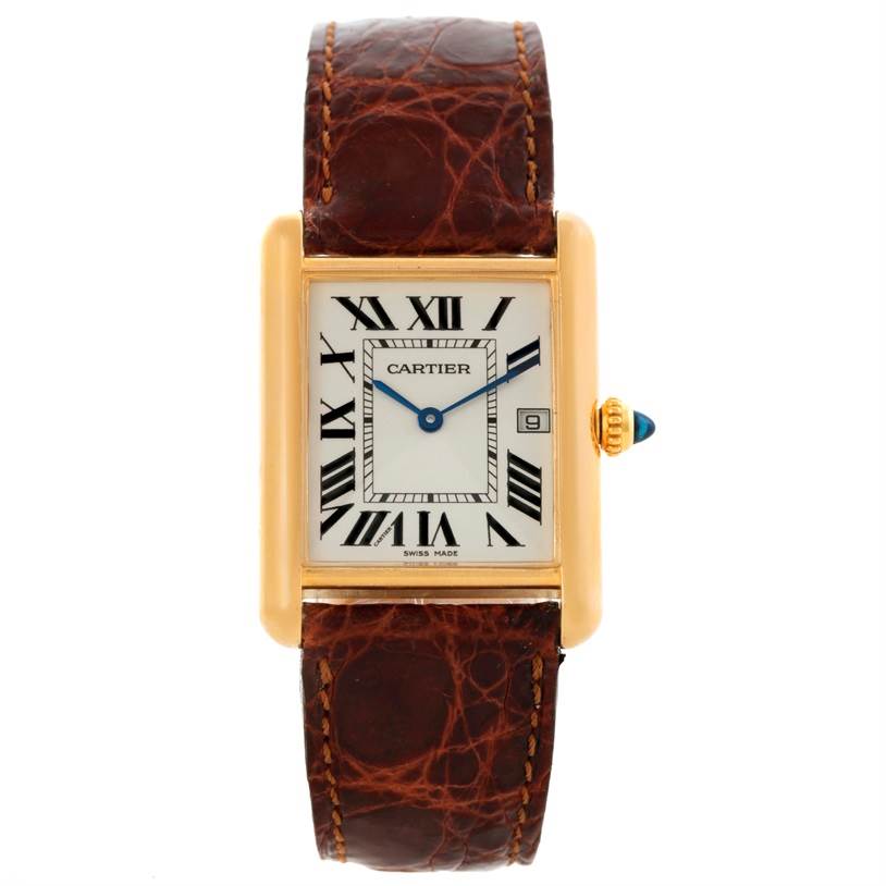 The image shows a front view of the Cartier Tank Louis W1529756 Yellow Gold Silver Dial W1529756 Yellow Gold Silver Dial watch, displaying its face, leather strap, and crown.