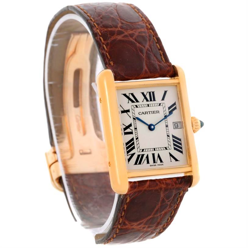 The image shows a Cartier Tank Louis W1529756 Yellow Gold Silver Dial W1529756 Yellow Gold Silver Dial watch at a slight left side angle, displaying the dial, case, crown, and leather strap.