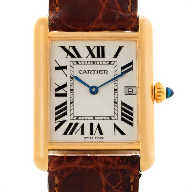 The image shows a front view of the Cartier Tank Louis W1529756 Yellow Gold Silver Dial W1529756 Yellow Gold Silver Dial watch, highlighting the face, Roman numerals, hands, and crown.