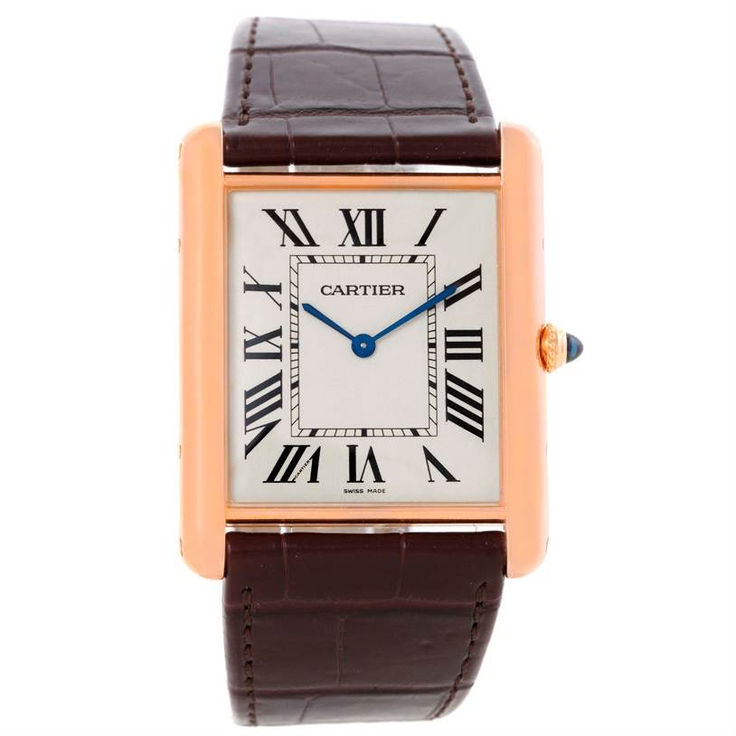 The image shows a front view of a Cartier Tank Louis W1560017 Men's Rose Gold Silver Dial W1560017 Men's Rose Gold Silver Dial watch with a gold case, brown leather strap, Roman numeral dial, and blue hands.