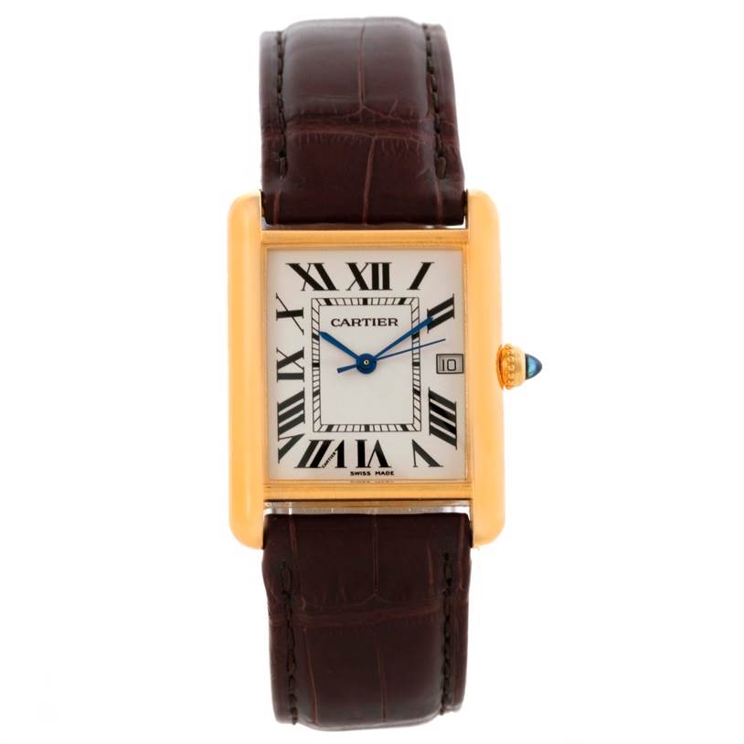 This image shows a Cartier Tank Louis W1529756 Men's Yellow Gold Silver Dial W1529756 Men's Yellow Gold Silver Dial watch from the front, featuring its rectangular case, roman numeral dial, and leather strap.