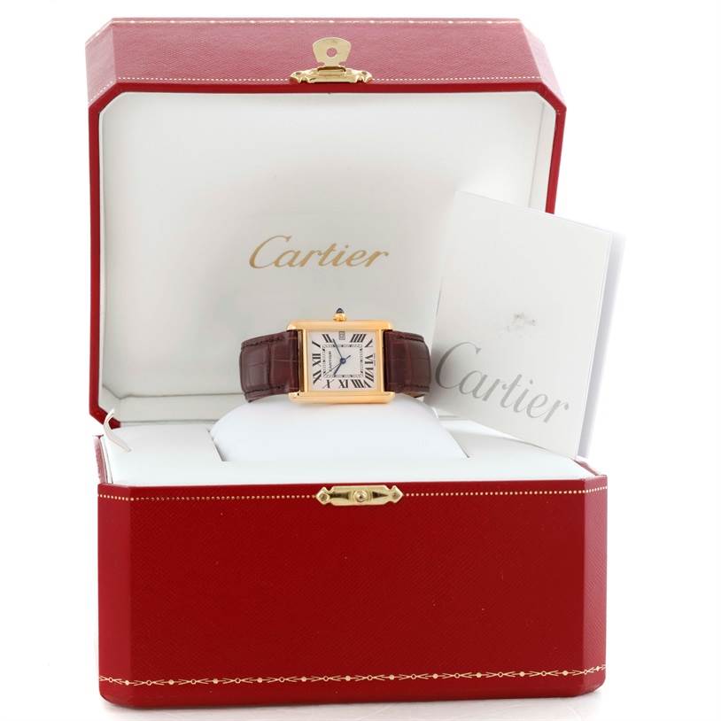 The image shows a Cartier Tank Louis W1529756 Men's Yellow Gold Silver Dial W1529756 Men's Yellow Gold Silver Dial watch in a red Cartier box with a booklet, viewed from the front.