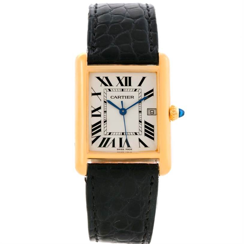 This image shows a front view of the Cartier Tank Louis W1529756 Men's Yellow Gold Silver Dial W1529756 Men's Yellow Gold Silver Dial watch, highlighting its rectangular face, Roman numerals, and leather strap.