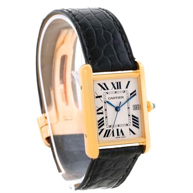The image shows a Cartier Tank Louis W1529756 Men's Yellow Gold Silver Dial W1529756 Men's Yellow Gold Silver Dial watch at a slight angle, displaying its face, Roman numerals, and black leather strap.