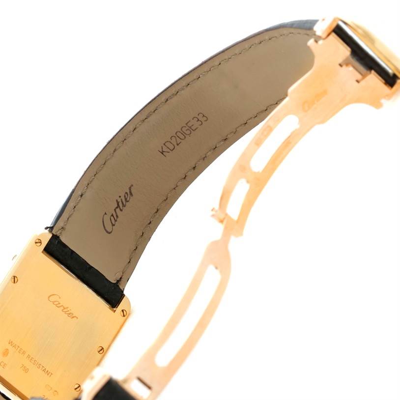 The image shows the inner strap, clasp, and part of the back case of a Cartier Tank Louis W1529756 Men's Yellow Gold Silver Dial W1529756 Men's Yellow Gold Silver Dial watch.