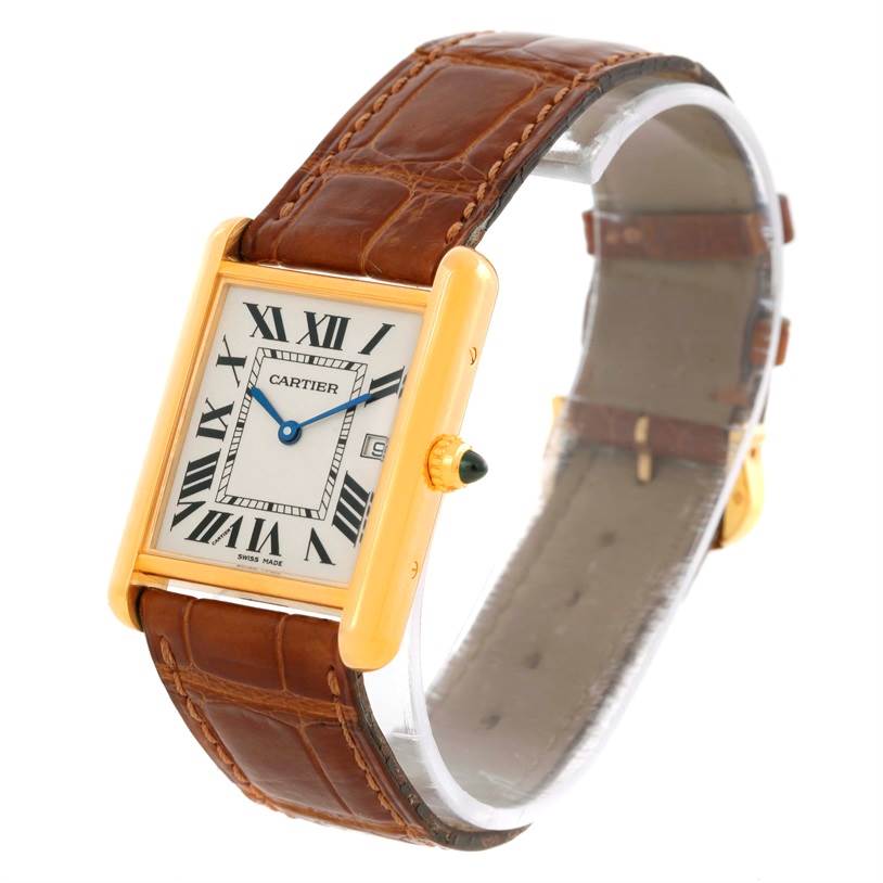 The image shows a Cartier Tank Louis Men's Yellow Gold Silver Dial Men's Yellow Gold Silver Dial watch angled from the front-right, highlighting its face, brown leather strap, and crown.