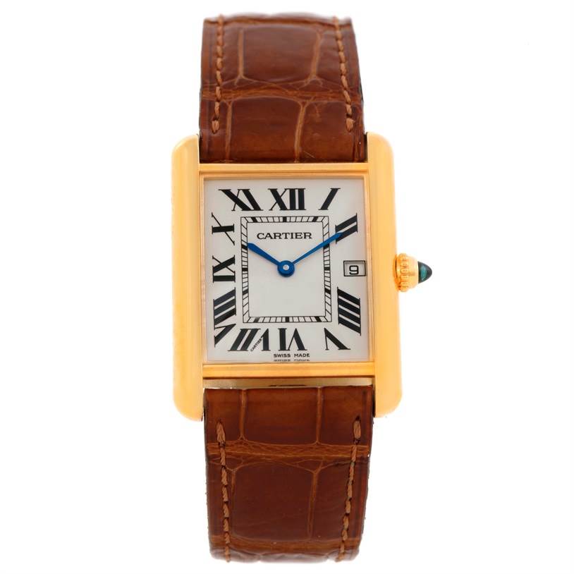 This image shows the face and strap of a Cartier Tank Louis Men's Yellow Gold Silver Dial Men's Yellow Gold Silver Dial watch from a straight-on angle.