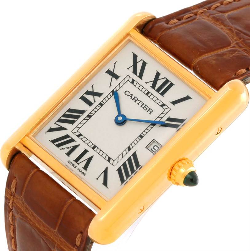 The image shows a Cartier Tank Louis Men's Yellow Gold Silver Dial Men's Yellow Gold Silver Dial watch at a slight angle, highlighting its rectangular face, Roman numerals, gold case, and brown leather strap.