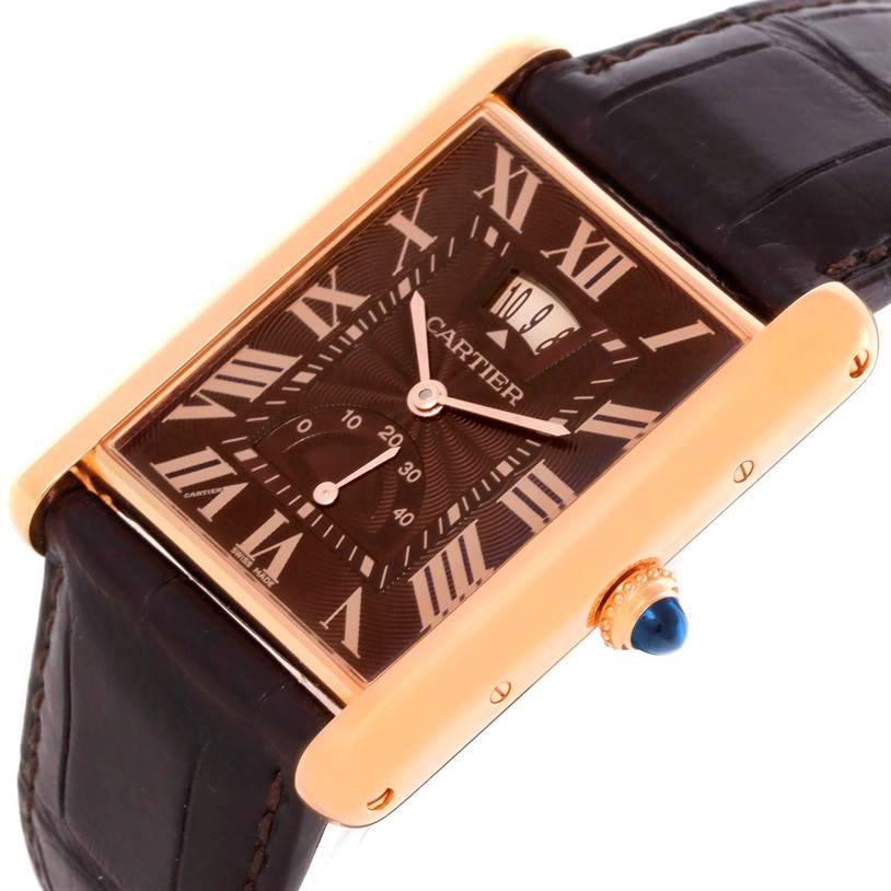 The image shows a close-up of the Cartier Tank Louis W1560002 Men
s Rose Gold Brown Dial W1560002 Men
s Rose Gold Brown Dial model watch, highlighting its dial, hands, and strap.