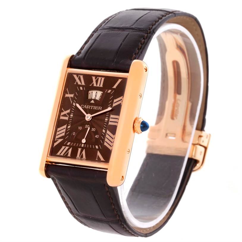 The Cartier Tank Louis W1560002 Men
s Rose Gold Brown Dial W1560002 Men
s Rose Gold Brown Dial watch is shown at a slight angle, showcasing its face, crown, leather strap, and clasp.