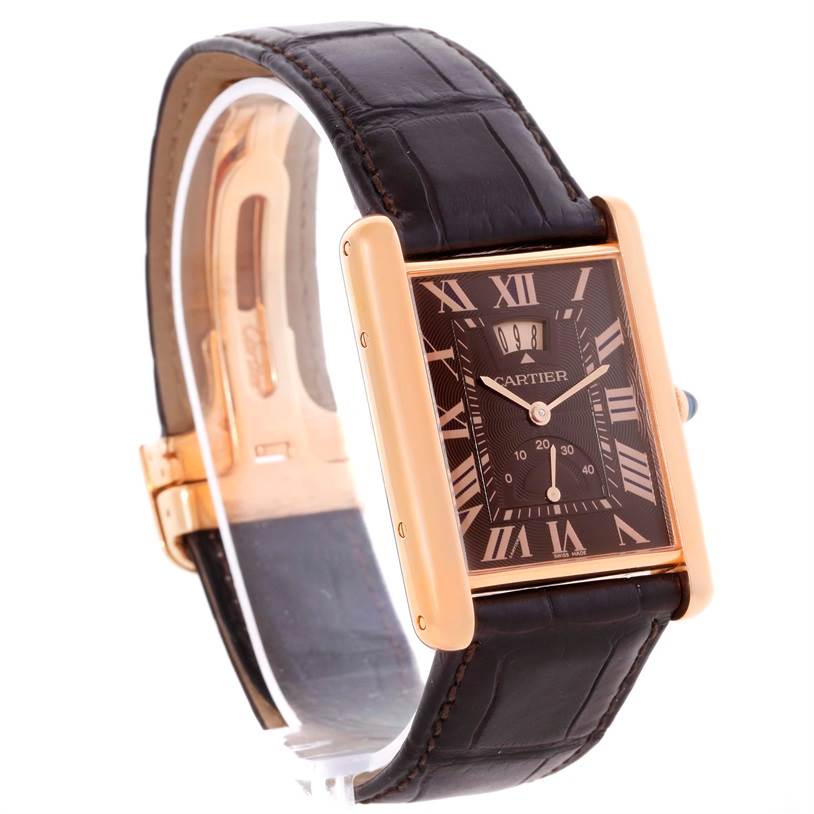 This image shows the Cartier Tank Louis W1560002 Men
s Rose Gold Brown Dial W1560002 Men
s Rose Gold Brown Dial watch from a front angle highlighting its black leather strap and rectangular face with Roman numerals.