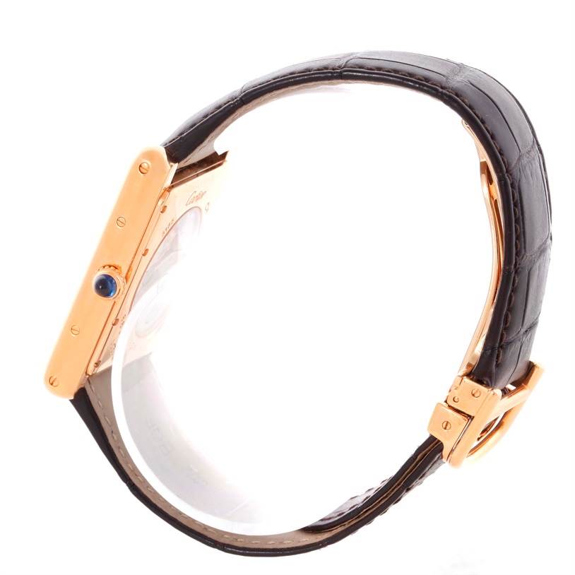 This image shows a side view of the Cartier Tank Louis W1560002 Men
s Rose Gold Brown Dial W1560002 Men
s Rose Gold Brown Dial watch, highlighting the strap, case, and crown.