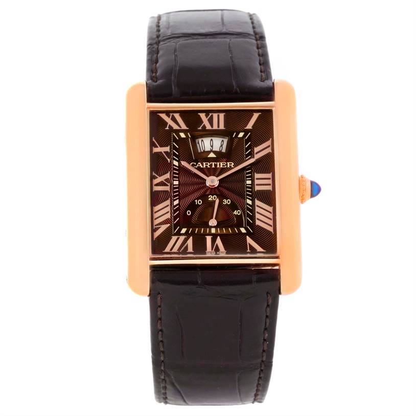 The image shows a front view of the Cartier Tank Louis W1560002 Men
s Rose Gold Brown Dial W1560002 Men
s Rose Gold Brown Dial watch, displaying its face, Roman numerals, and leather strap.