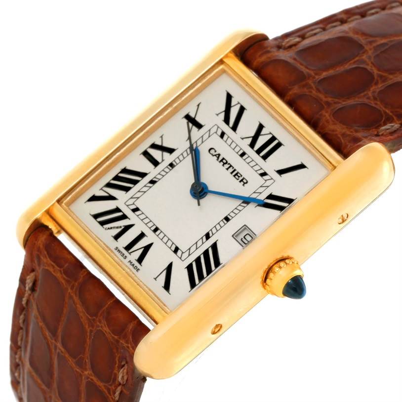 This image shows a close-up oblique view of a Cartier Tank Louis W1529756 Men's Yellow Gold Silver Dial W1529756 Men's Yellow Gold Silver Dial watch, highlighting the dial, case, and part of the leather strap.
