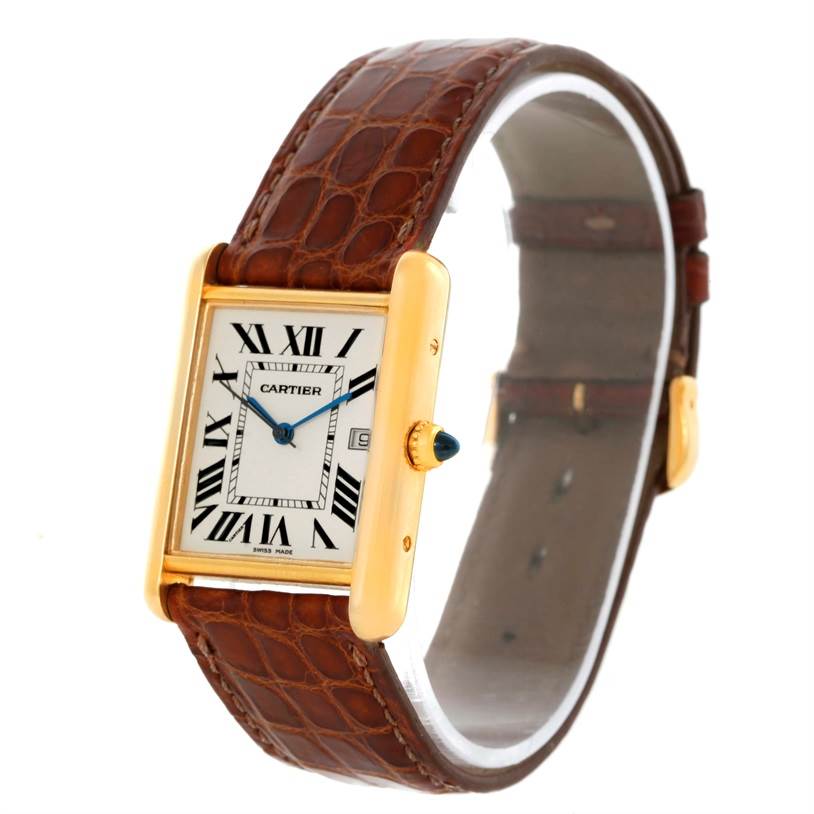 The Cartier Tank Louis W1529756 Men's Yellow Gold Silver Dial W1529756 Men's Yellow Gold Silver Dial watch is shown at a three-quarter angle, displaying the face, bezel, and leather strap.