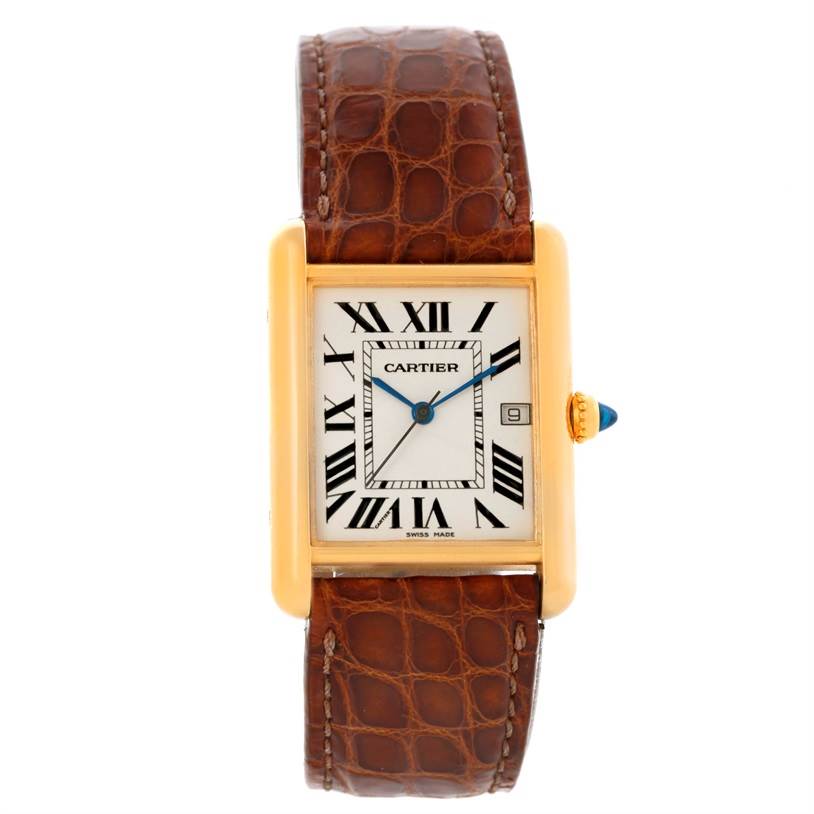 The image shows a front view of the Cartier Tank Louis W1529756 Men's Yellow Gold Silver Dial W1529756 Men's Yellow Gold Silver Dial model watch, featuring its rectangular face, brown leather strap, and crown with a blue stone.
