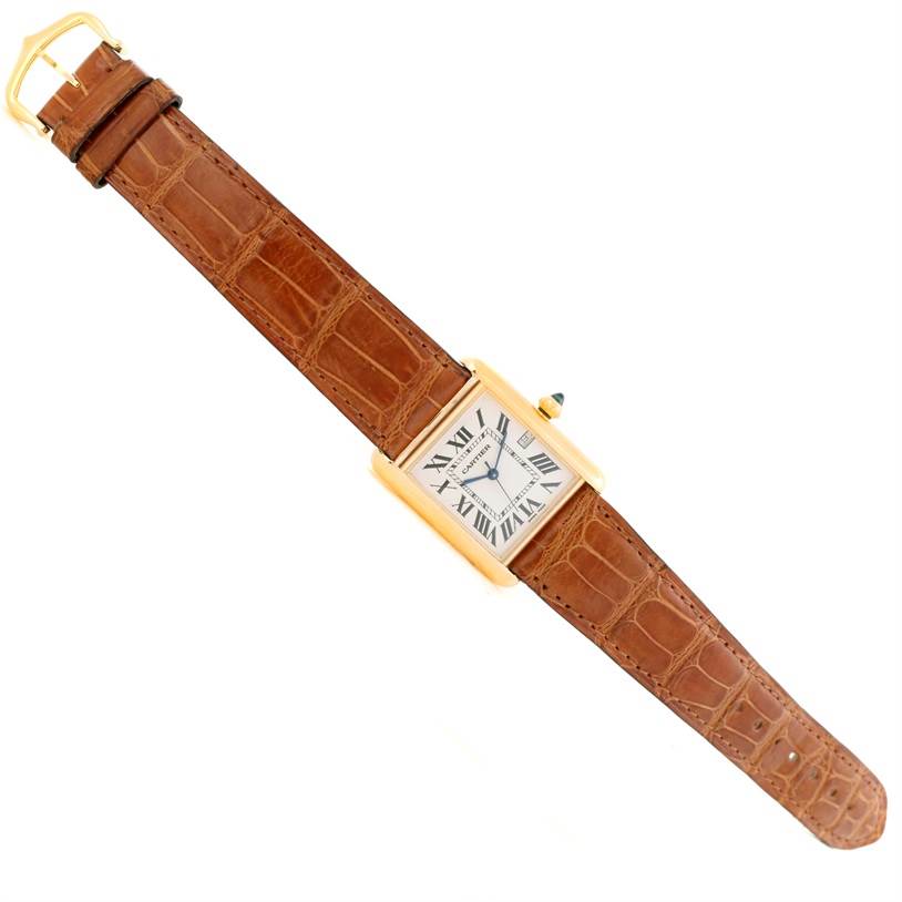 The image shows a Cartier Tank Louis W1529756 Men's Yellow Gold Silver Dial W1529756 Men's Yellow Gold Silver Dial watch laid flat, displaying the face, strap, buckle, and side crown.