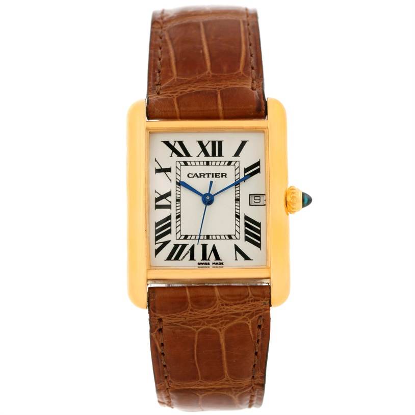 The image shows a front view of a Cartier Tank Louis W1529756 Men's Yellow Gold Silver Dial W1529756 Men's Yellow Gold Silver Dial watch, highlighting the face, brown leather strap, and side crown.