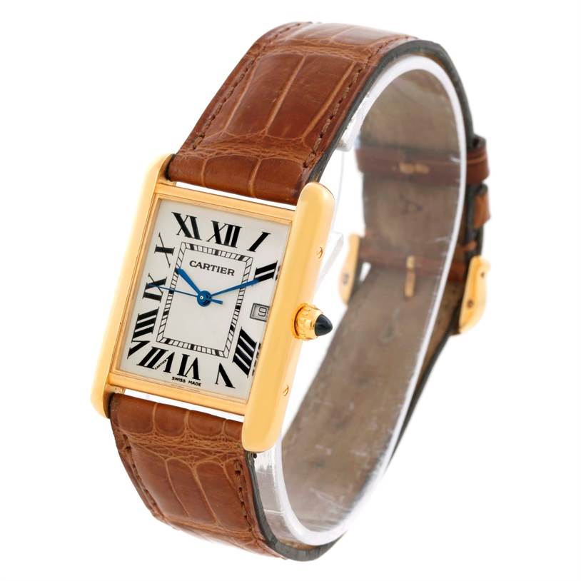 The image shows a Cartier Tank Louis W1529756 Men's Yellow Gold Silver Dial W1529756 Men's Yellow Gold Silver Dial watch at a three-quarter angle, highlighting its brown leather strap, rectangular face, and crown.