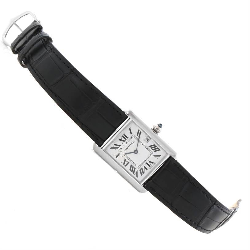 This image shows the full view of the Cartier Tank Louis W1540956 Men's White Gold White Dial W1540956 Men's White Gold White Dial watch, highlighting its rectangular face and black leather strap.
