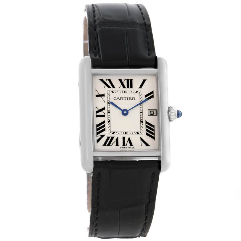 This image shows a front view of the Cartier Tank Louis W1540956 Men's White Gold White Dial W1540956 Men's White Gold White Dial watch displaying the face, hands, strap, and crown.