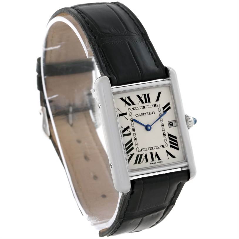 The image shows a Cartier Tank Louis W1540956 Men's White Gold White Dial W1540956 Men's White Gold White Dial watch at an angle highlighting the black leather strap and rectangular dial with Roman numerals.