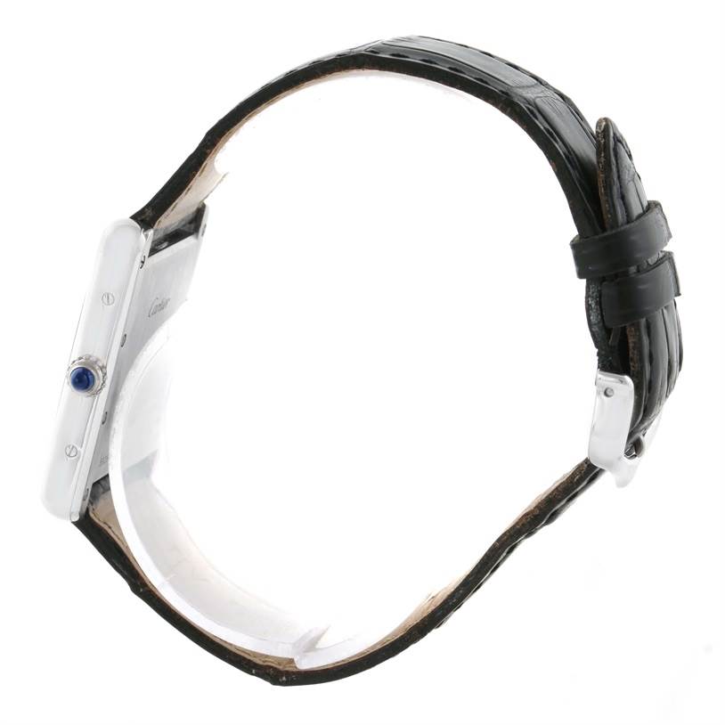 The image shows a side view of the Cartier Tank Louis W1540956 Men's White Gold White Dial W1540956 Men's White Gold White Dial watch, highlighting the profile, crown, and leather strap.