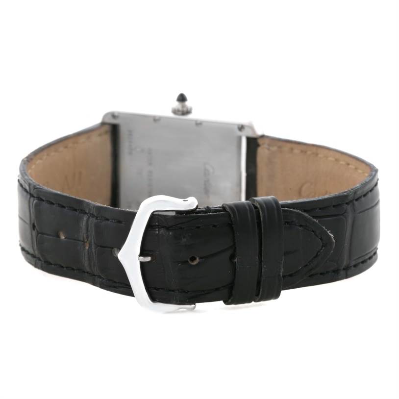 This image shows the back view of a Cartier Tank Louis W1540956 Men's White Gold White Dial W1540956 Men's White Gold White Dial watch, highlighting the clasp and leather strap.