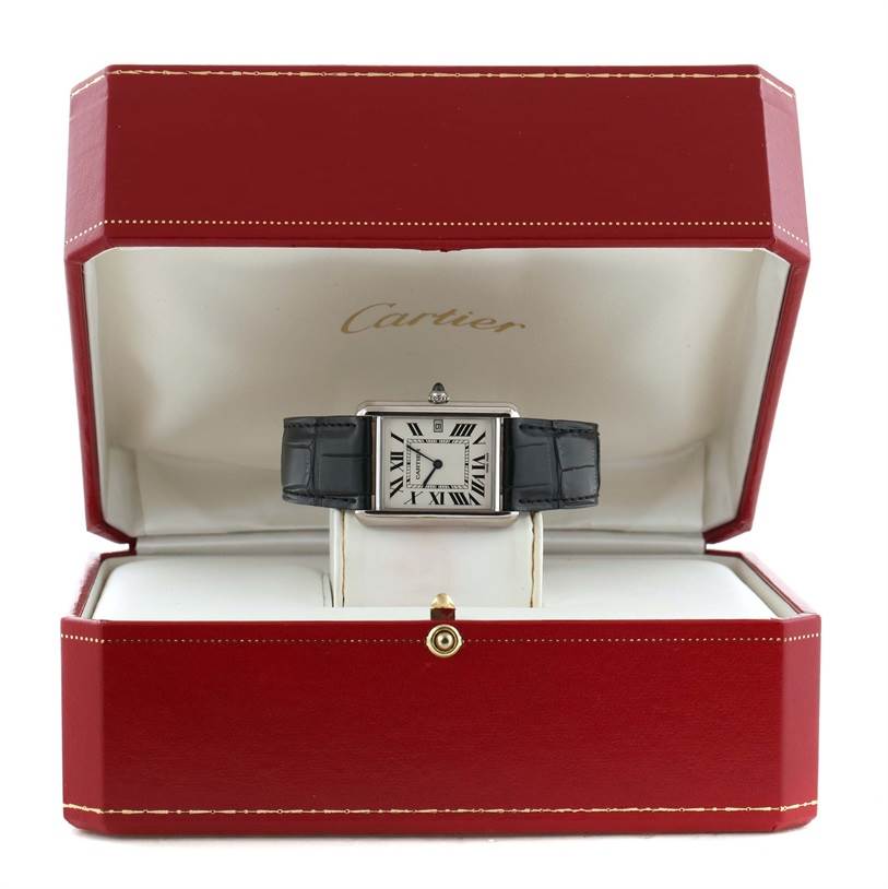 The Cartier Tank Louis W1540956 Men's White Gold White Dial W1540956 Men's White Gold White Dial watch is displayed inside its open red box, showing its face and black leather strap.