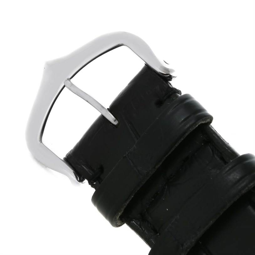 This image shows the buckle and strap of the Cartier Tank Louis W1540956 Men's White Gold White Dial W1540956 Men's White Gold White Dial watch, angled to highlight the clasp and leather material.