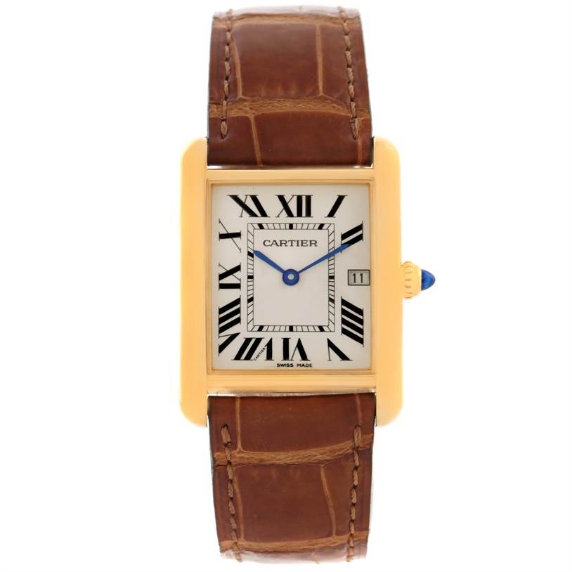 The image shows a front view of a Cartier Tank Louis W1529756 Men's Yellow Gold Silver Dial W1529756 Men's Yellow Gold Silver Dial watch, featuring a rectangular gold case, Roman numerals, and a brown leather strap.