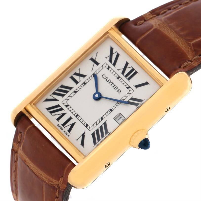 The image shows a top and slightly angled side view of a Cartier Tank Louis W1529756 Men's Yellow Gold Silver Dial W1529756 Men's Yellow Gold Silver Dial watch, highlighting its face, strap, and crown.