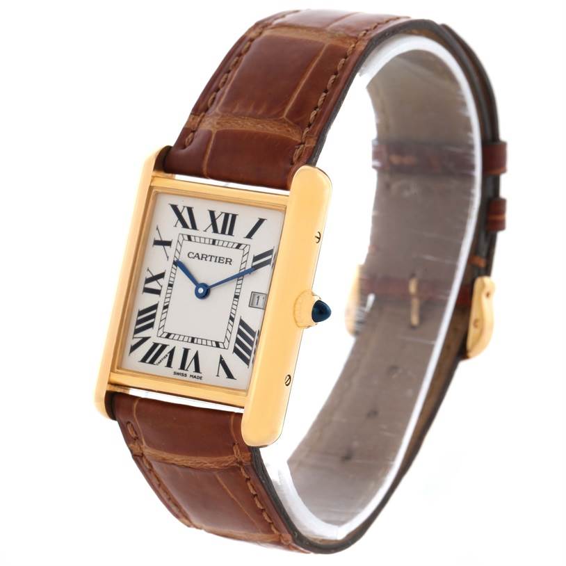 The Tank Louis model by Cartier is shown at a three-quarter angle, displaying the front face, strap, and side crown.