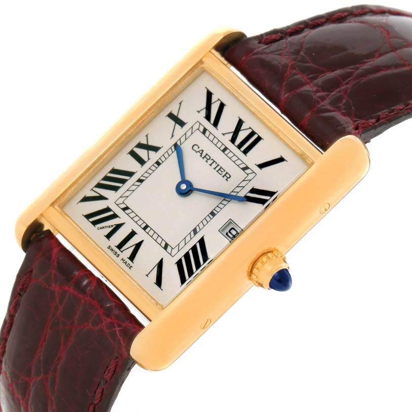 The image shows a Cartier Tank Louis W1529756 Men's Yellow Gold Silver Dial W1529756 Men's Yellow Gold Silver Dial watch from an angled top-down perspective, highlighting the face, case, and part of the strap.