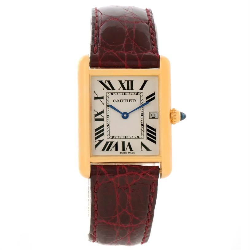 This image shows a Cartier Tank Louis W1529756 Men's Yellow Gold Silver Dial W1529756 Men's Yellow Gold Silver Dial watch from a front view, displaying its face, strap, and crown.