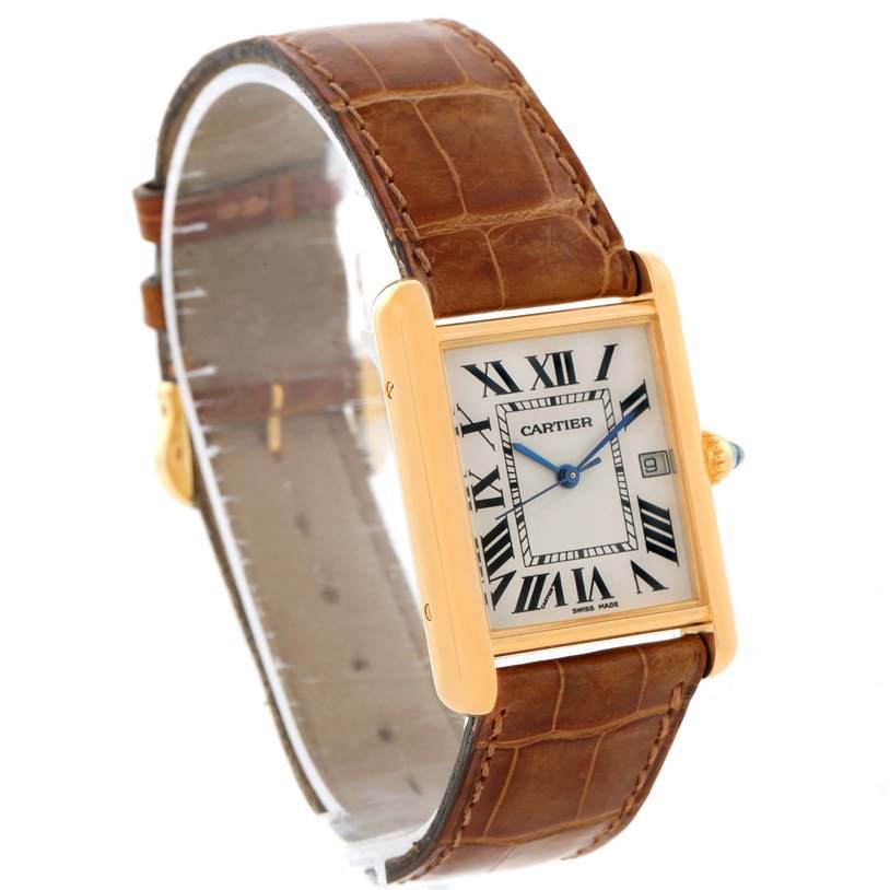 The image shows a Cartier Tank Louis W1529756 Yellow Gold Silver Dial W1529756 Yellow Gold Silver Dial watch at a three-quarter angle, highlighting its face, hands, bezel, and leather strap.