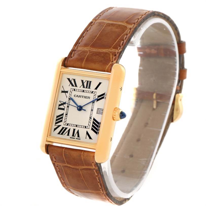 The image shows a Cartier Tank Louis W1529756 Yellow Gold Silver Dial W1529756 Yellow Gold Silver Dial watch at a three-quarter angle, displaying the face, crown, and leather strap.
