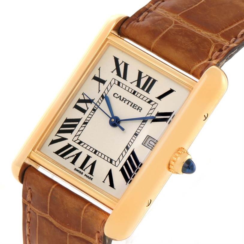 The image shows a Cartier Tank Louis W1529756 Yellow Gold Silver Dial W1529756 Yellow Gold Silver Dial watch at an angle, highlighting its rectangular face, Roman numerals, and leather strap.