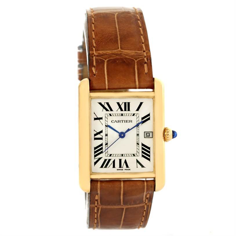 The Cartier Tank Louis W1529756 Men's Yellow Gold Silver Dial W1529756 Men's Yellow Gold Silver Dial watch is shown from a front angle, highlighting its face, strap, and crown.