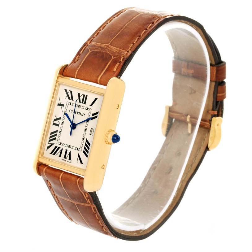 The image shows the Cartier Tank Louis W1529756 Men's Yellow Gold Silver Dial W1529756 Men's Yellow Gold Silver Dial watch at an angle showcasing its dial, case, crown, and leather strap.