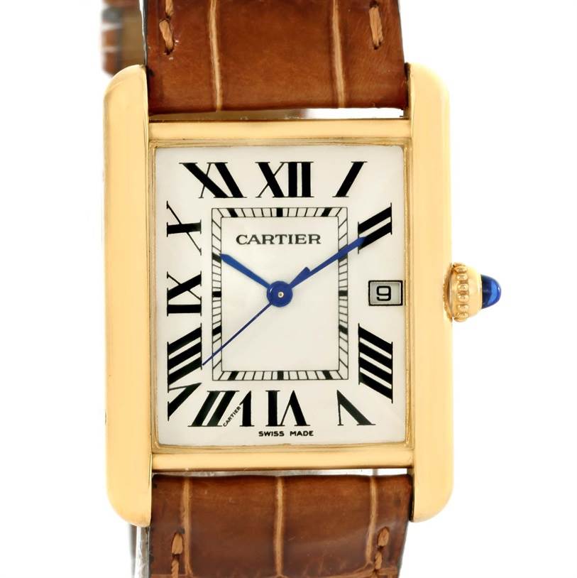 The image shows a front view of the Cartier Tank Louis W1529756 Men's Yellow Gold Silver Dial W1529756 Men's Yellow Gold Silver Dial watch, featuring its face, bezel, crown, and strap.