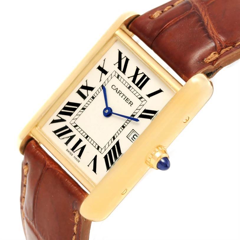 The Cartier Tank Louis W1529756 Men's Yellow Gold Silver Dial W1529756 Men's Yellow Gold Silver Dial model watch is shown from a slight angle, highlighting its rectangular face, Roman numerals, and leather strap.