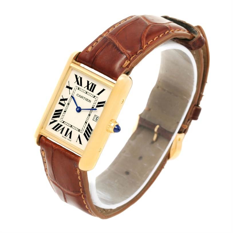The image shows a Cartier Tank Louis W1529756 Men's Yellow Gold Silver Dial W1529756 Men's Yellow Gold Silver Dial watch at a slight angle, showcasing its rectangular face, leather strap, and blue hands.
