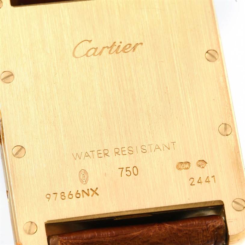 The image shows the back case of a Tank Louis watch by Cartier, highlighting the brand name, model details, and water resistance.