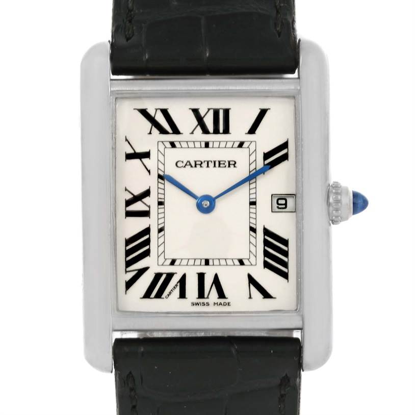 This image shows a front view of the Cartier Tank Louis W1540956 White Gold Silver Dial W1540956 White Gold Silver Dial watch, highlighting the dial, Roman numerals, and part of the leather strap.
