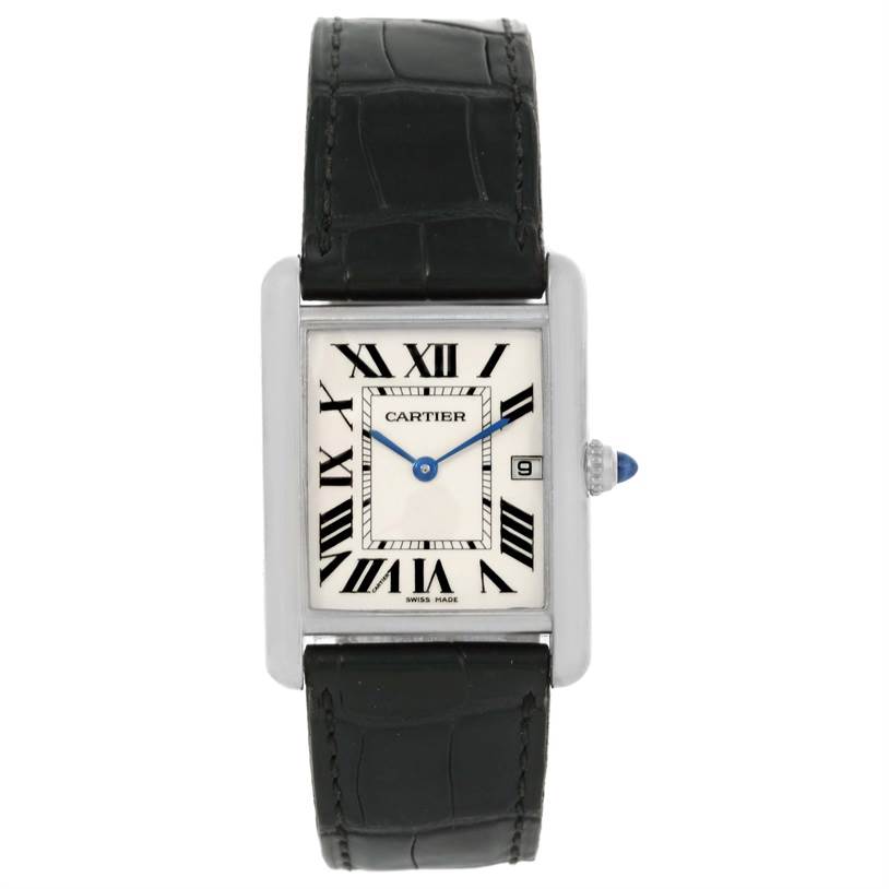The image shows a front view of a Cartier Tank Louis W1540956 White Gold Silver Dial W1540956 White Gold Silver Dial watch, displaying its face, Roman numeral markers, and black leather strap.