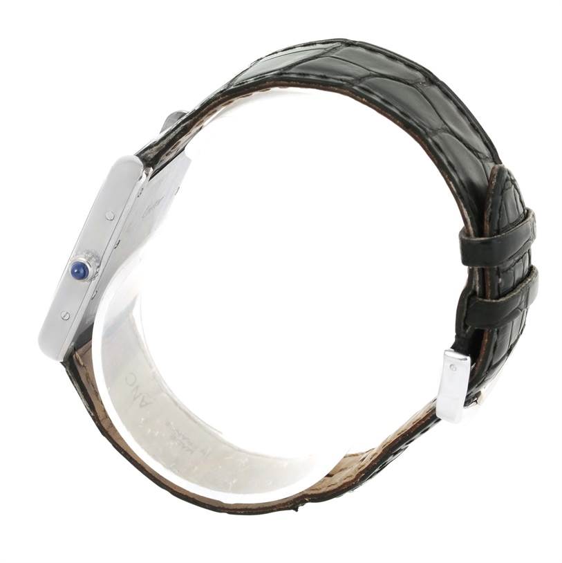 The image shows a side view of the Cartier Tank Louis W1540956 White Gold Silver Dial W1540956 White Gold Silver Dial watch with the focus on its case, crown, and leather strap.