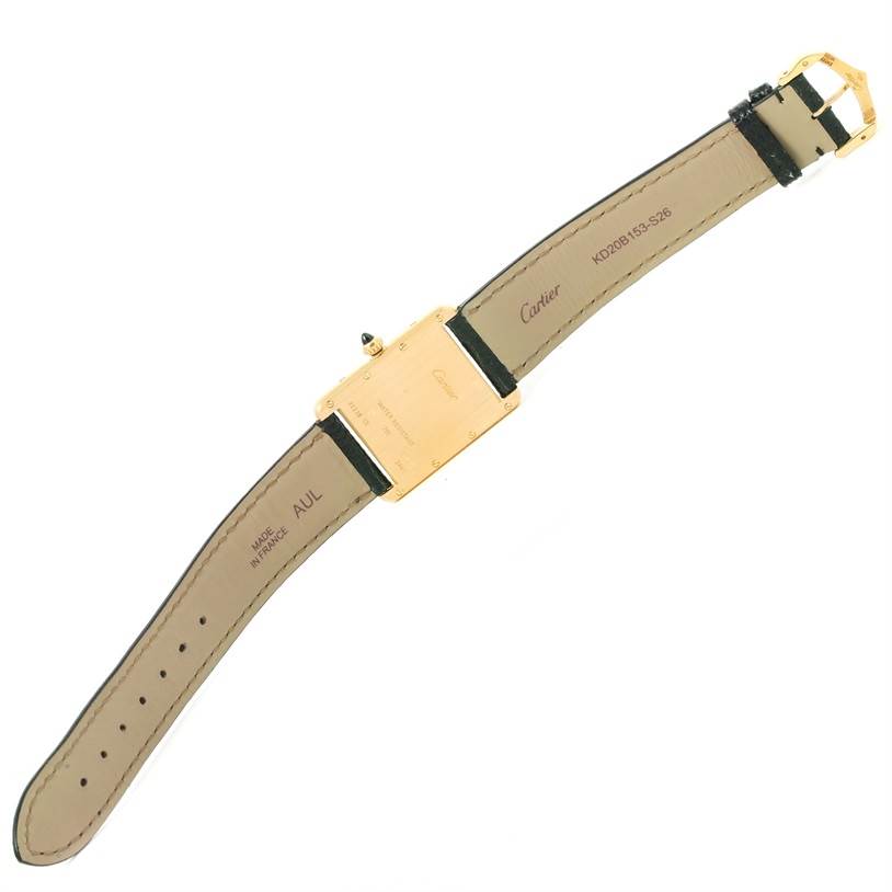The image shows the back view of a Cartier Tank Louis W1529756 Men's Yellow Gold Silver Dial W1529756 Men's Yellow Gold Silver Dial model watch, displaying the strap, buckle, and case back.